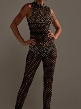 AKIRA COULD NEVER BE ME BEADED MESH JUMPSUIT Size XL